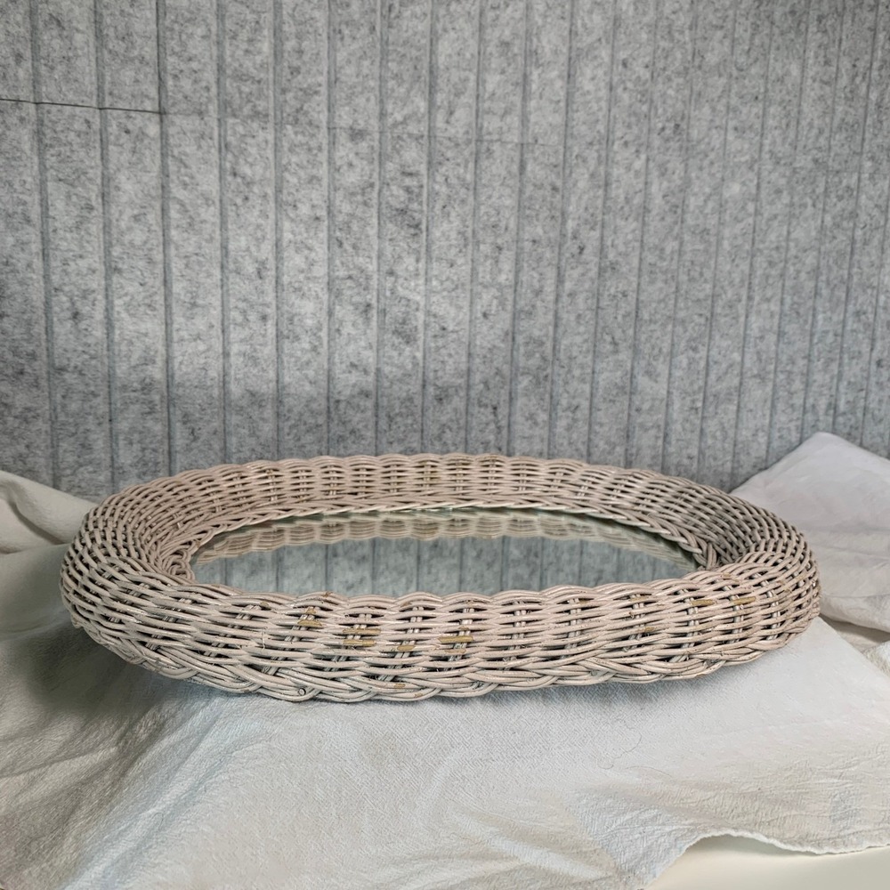 Vintage Oval Wicker Wall Mirror Pale Pink Woven Rattan Cottagecore Boho 16x12 - Picture 6 of 13